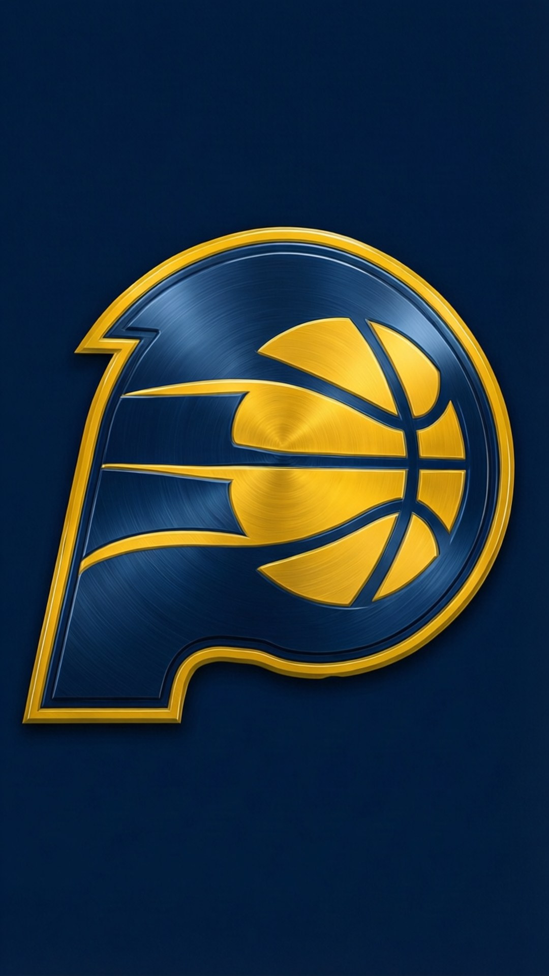 Metallic Pacers Logo 壁紙 — 一個金屬藍色和金色的印第安納溜馬隊標誌，中央有籃球設計，置於深藍色背景上。