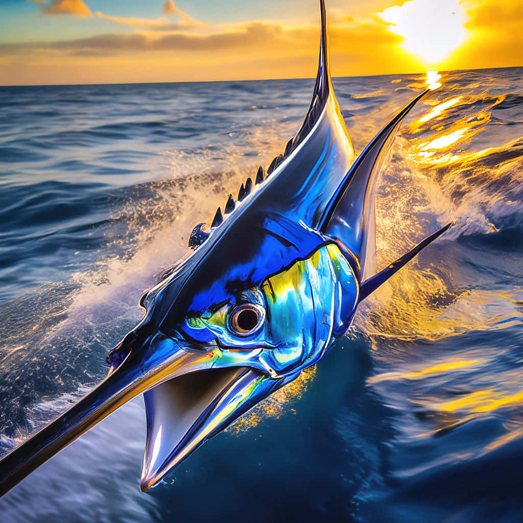  壁紙 — 一條金屬藍色馬林魚從金色夕陽下的海浪中躍起，伴隨著熾熱的天空倒影。