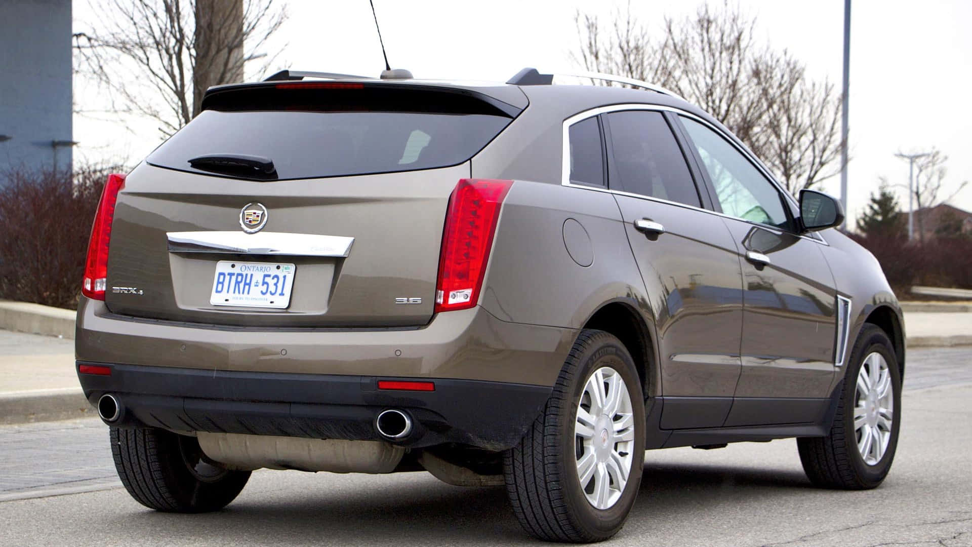 Cadillac Srx 桌布 壁紙 — 一輛金屬棕色的Cadillac SRX SUV停放在鋪砌的街道上，背景有光禿禿的樹木和建築物。