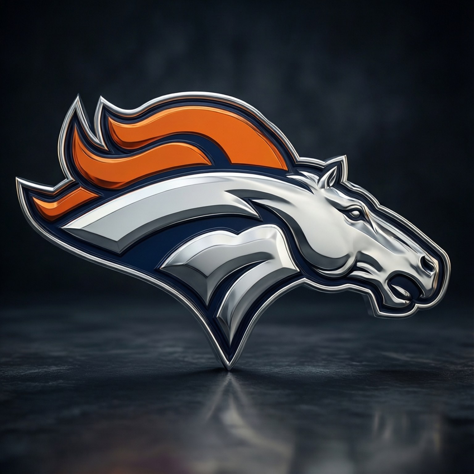 Chrome Horse Logo 壁紙 — 一個金屬質感的丹佛野馬隊馬頭標誌，帶有橙色鬃毛，立於深色反光表面上。