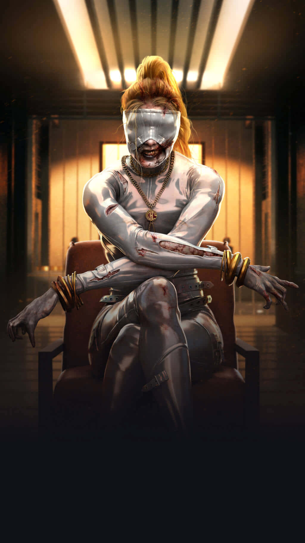  壁紙 — 一個金屬人形，戴著玻璃面具，雙臂沾滿鮮血，坐在昏暗房間裡溫暖的天花燈下的椅子上。