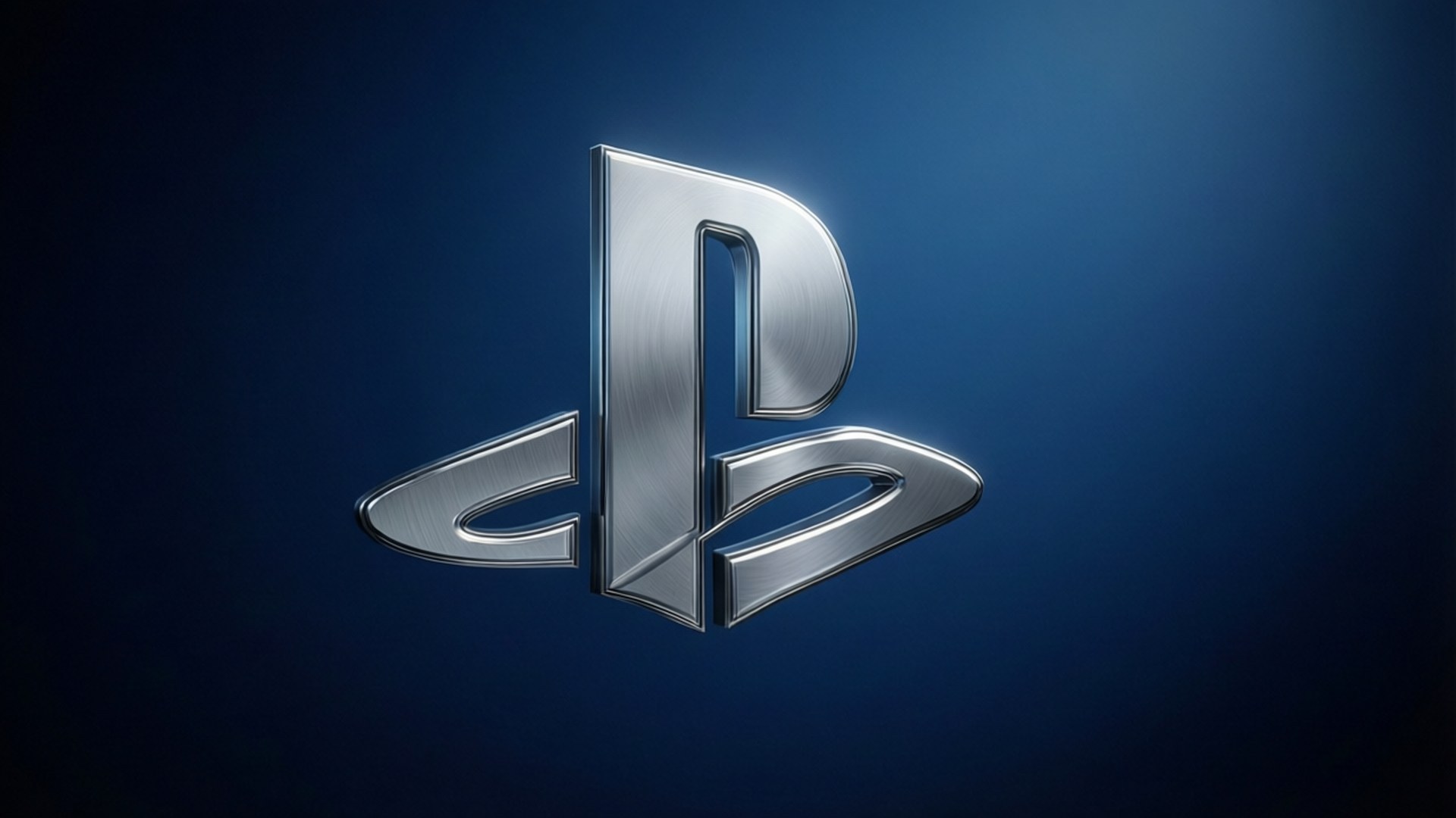 PlayStation Logo 3D 壁紙 — 金屬質感的 PlayStation 標誌在深藍色漸層背景上閃爍著拉絲銀色亮點。
