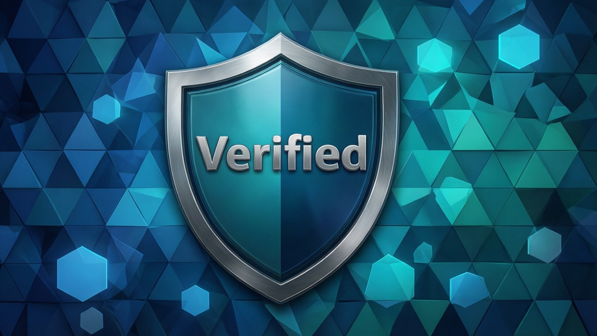 桌布 壁紙 — 一個金屬盾牌，上面有「Verified」字樣，在藍色幾何多邊形背景上發光。