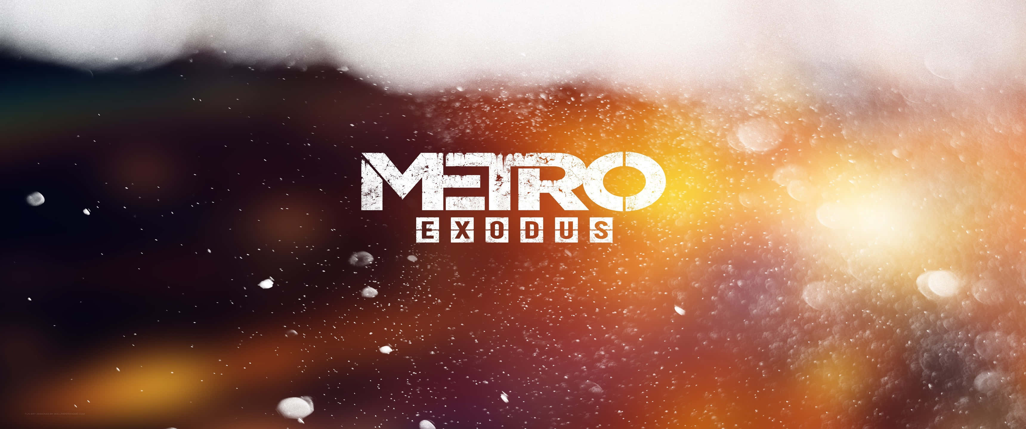 電玩遊戲 桌布 壁紙 — Metro Exodus 標誌在熾熱的橙色和深色背景上發光，帶有浮動粒子和散景燈光。