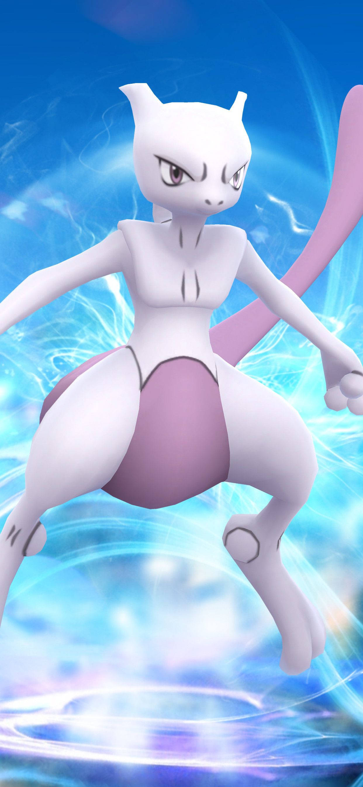 超夢 桌布 壁紙 — Mewtwo 動態地站在旋轉的藍色能量背景前，帶有發光的光效。