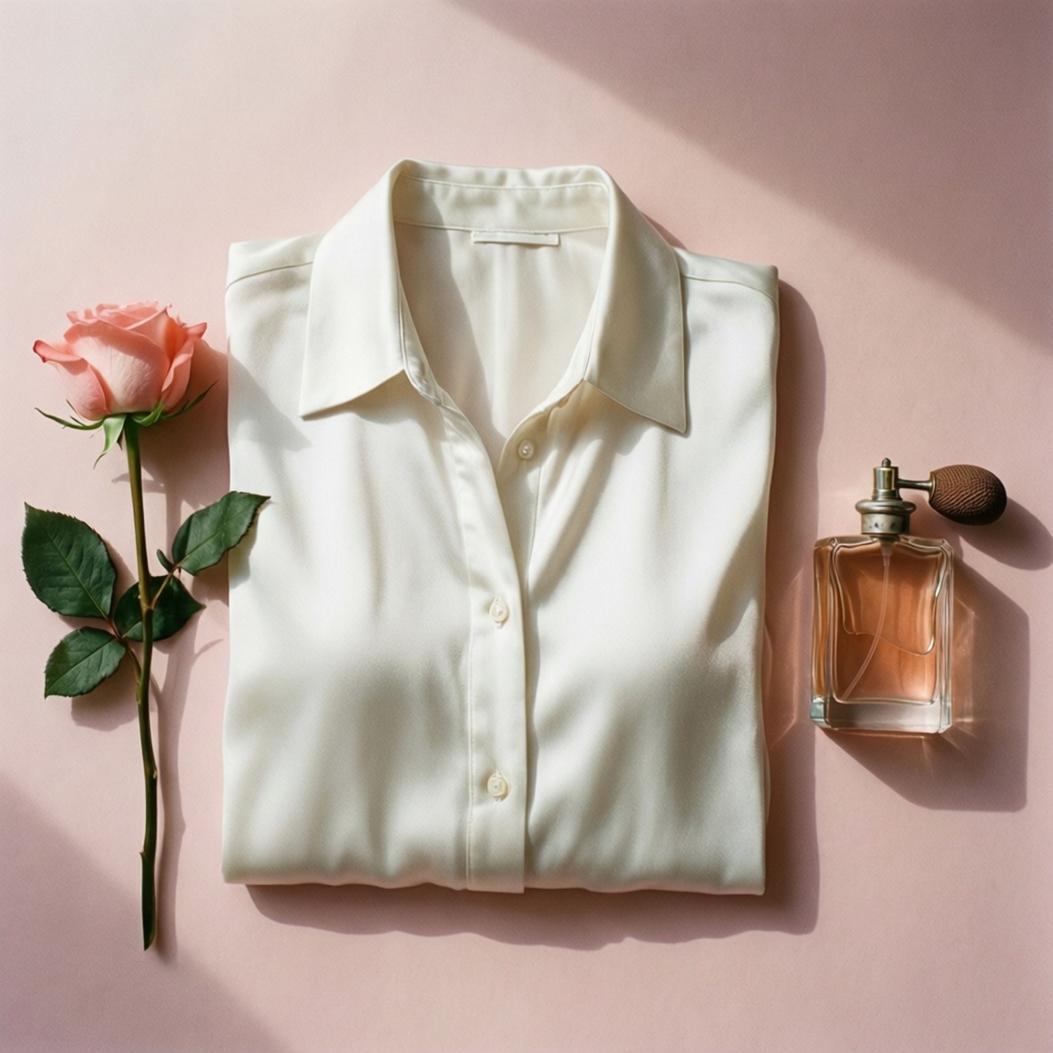 Silk Blouse and Rose 壁紙 — 一件整齊折疊的米白色襯衫放在粉紅色玫瑰和復古香水瓶旁邊，置於沐浴在溫暖陽光下的柔軟粉紅色表面上。