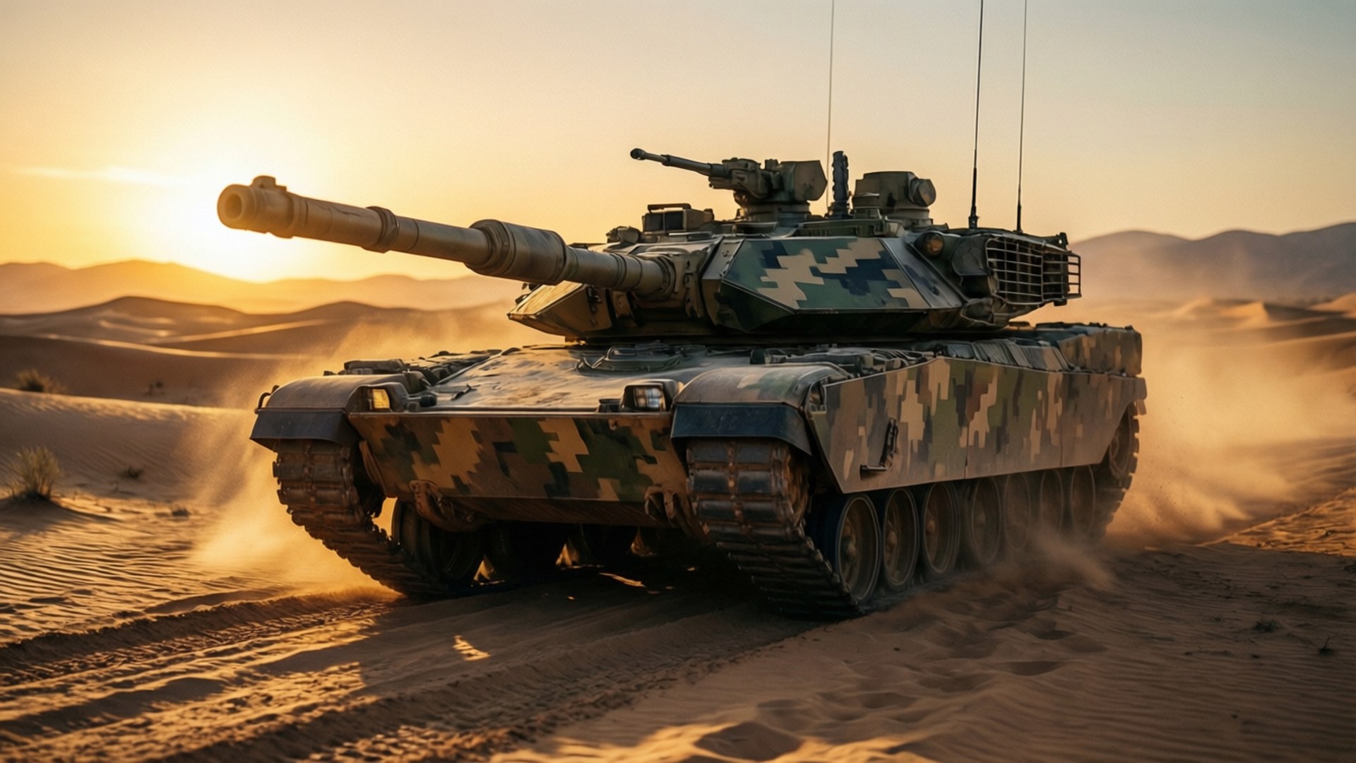 Leclerc Tank 桌布 壁紙 — 一輛迷彩軍用坦克在金色日落時分穿越沙漠沙丘，揚起沙塵。