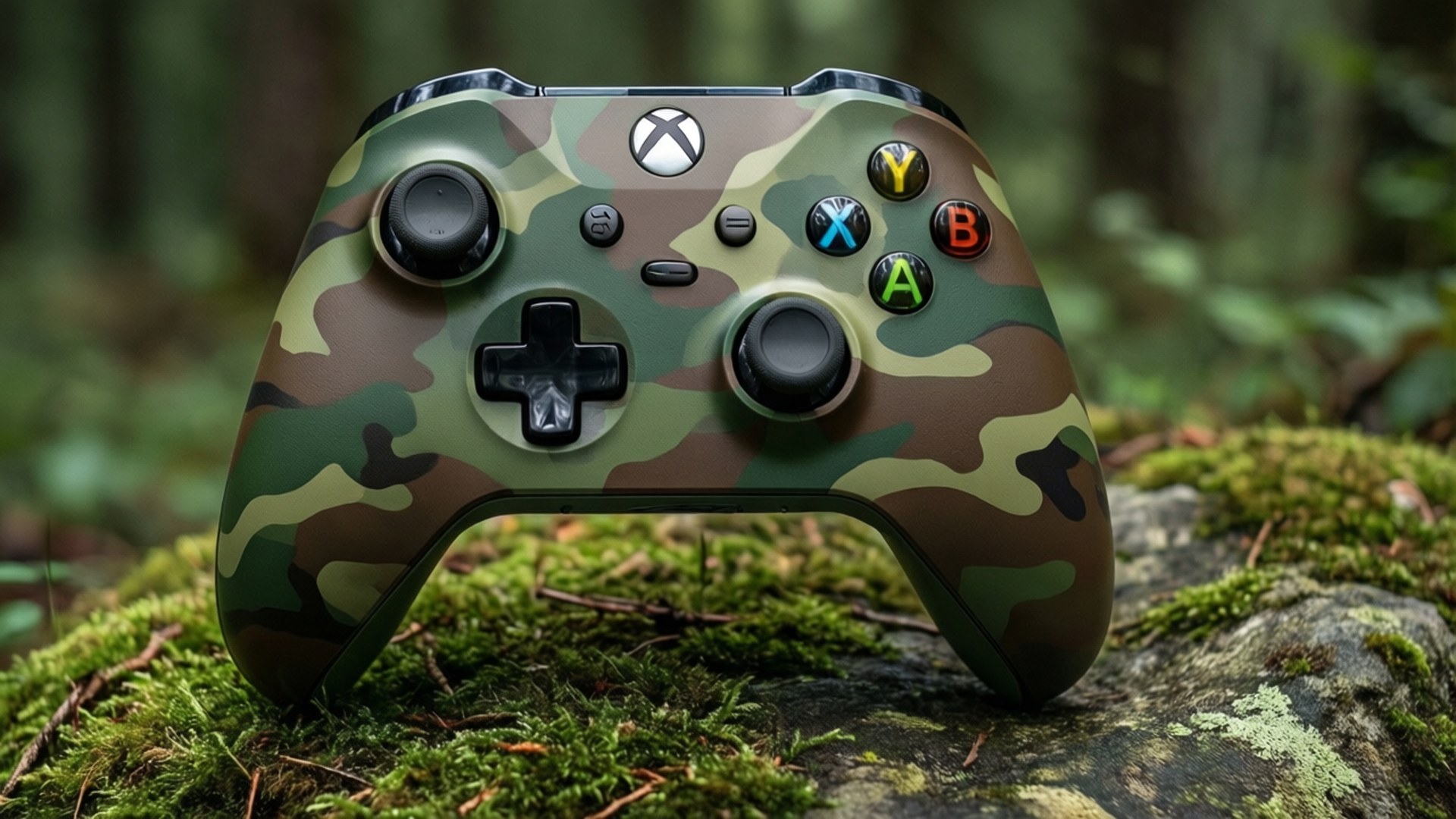 Camouflage Xbox Controller 壁紙 — 一個迷彩Xbox手把放在長滿苔蘚的森林岩石上，背景是模糊的綠色樹木。