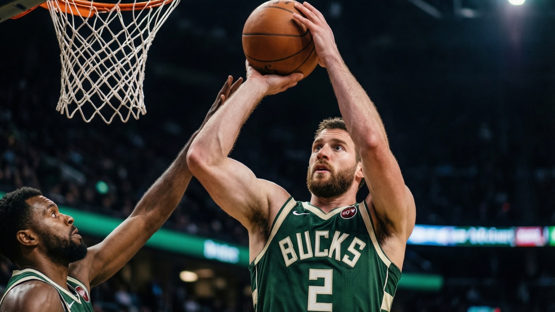 Bucks Fadeaway 壁紙 — 一位身穿綠色球衣二號的密爾瓦基公鹿球員跳起投籃，防守球員在明亮的場館燈光下試圖封阻。