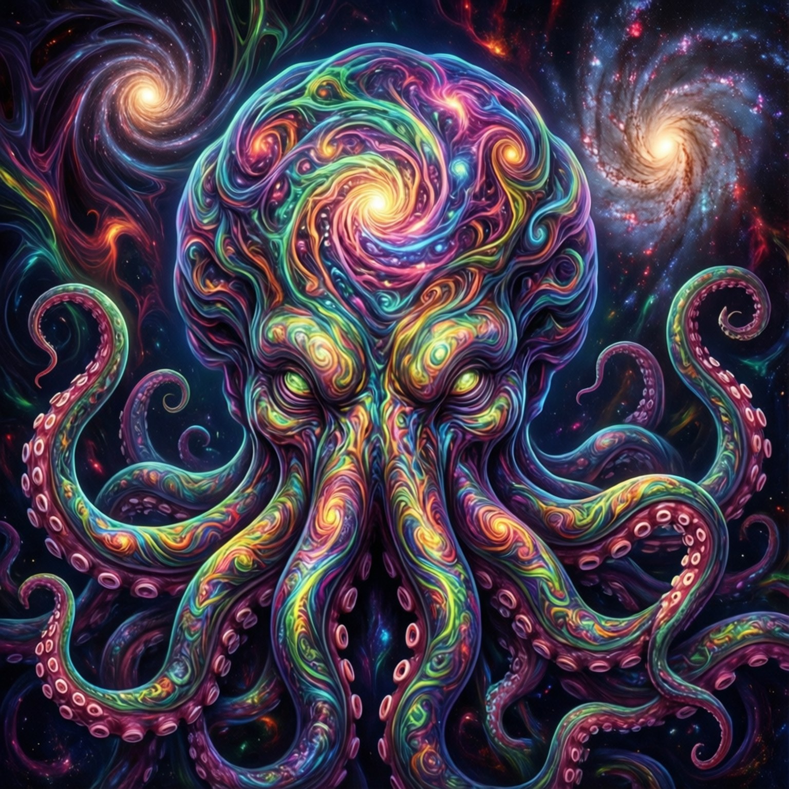 克蘇魯 桌布 壁紙 — 一隻帶有旋轉彩虹觸手的迷幻宇宙章魚，漂浮在繁星點點的銀河背景上。