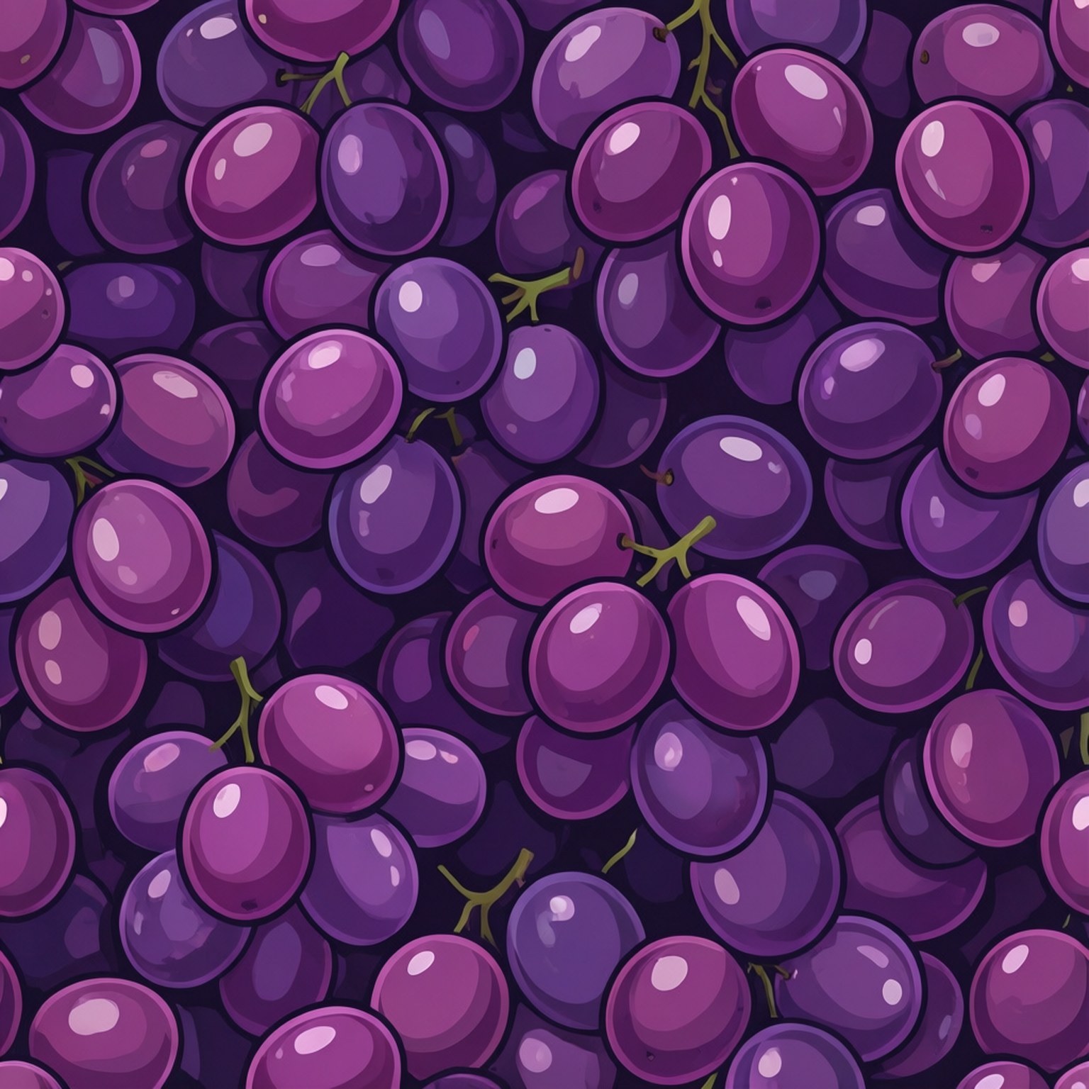 Grape Pattern 壁紙 — 密集的卡通插圖，畫了許多飽滿的紫色葡萄，帶綠色莖，緊緊聚在一起。