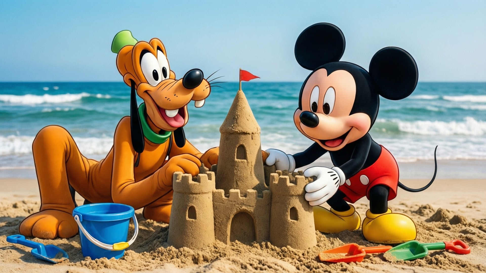 Pluto and Mickey at the Beach 壁紙 — 米奇老鼠和高飛在陽光明媚的海灘上建造一個精細的沙堡，背景有海浪。
