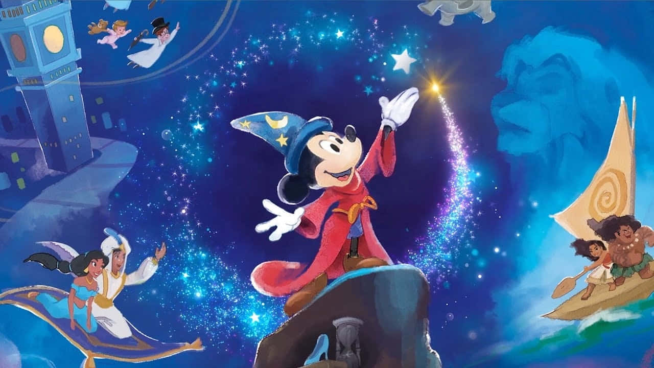  壁紙 — 米奇老鼠化身巫師，在宇宙夜空中劃出一道閃爍的星軌，迪士尼角色在他周圍飛翔。