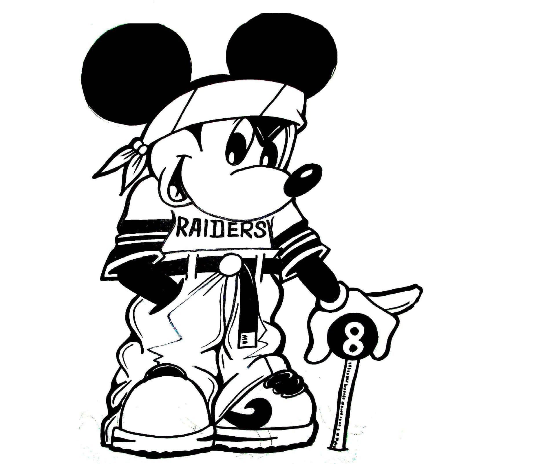  壁紙 — 米奇老鼠身穿Raiders美式足球制服，手持帶有8號球的撞球桿的黑白線條畫。