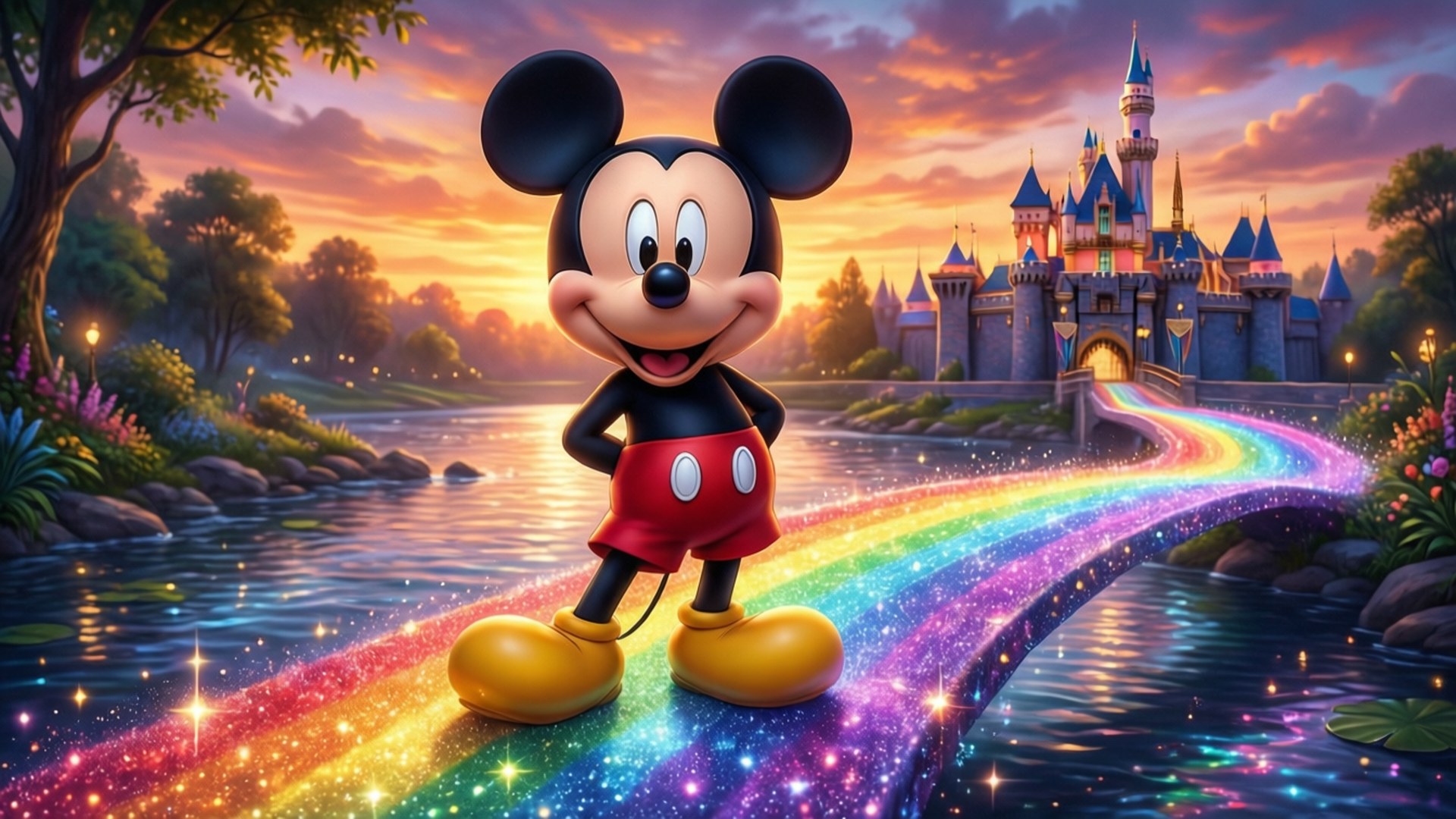 Toon Disney 桌布 壁紙 — 米奇老鼠愉快地站在一條閃閃發光的彩虹橋上，通往日落時分發光的城堡。