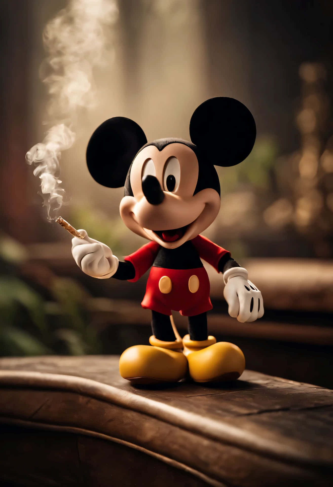  壁紙 — 米奇老鼠站在木質表面上，在昏暗且充滿氛圍的場景中手持冒煙的香煙。