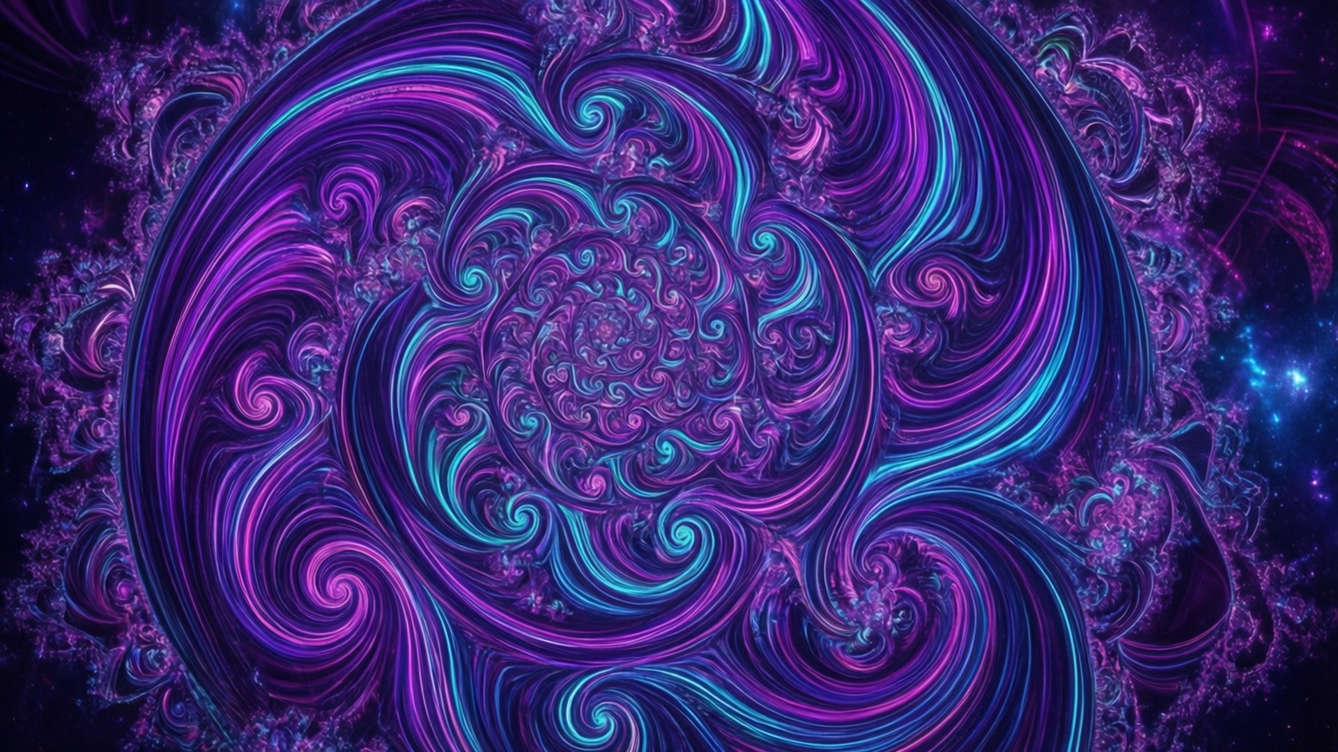 Neon Fractal Swirls 壁紙 — 一幅迷人的碎形藝術作品，以電光藍和深紫色絲帶在宇宙星空背景下旋轉。