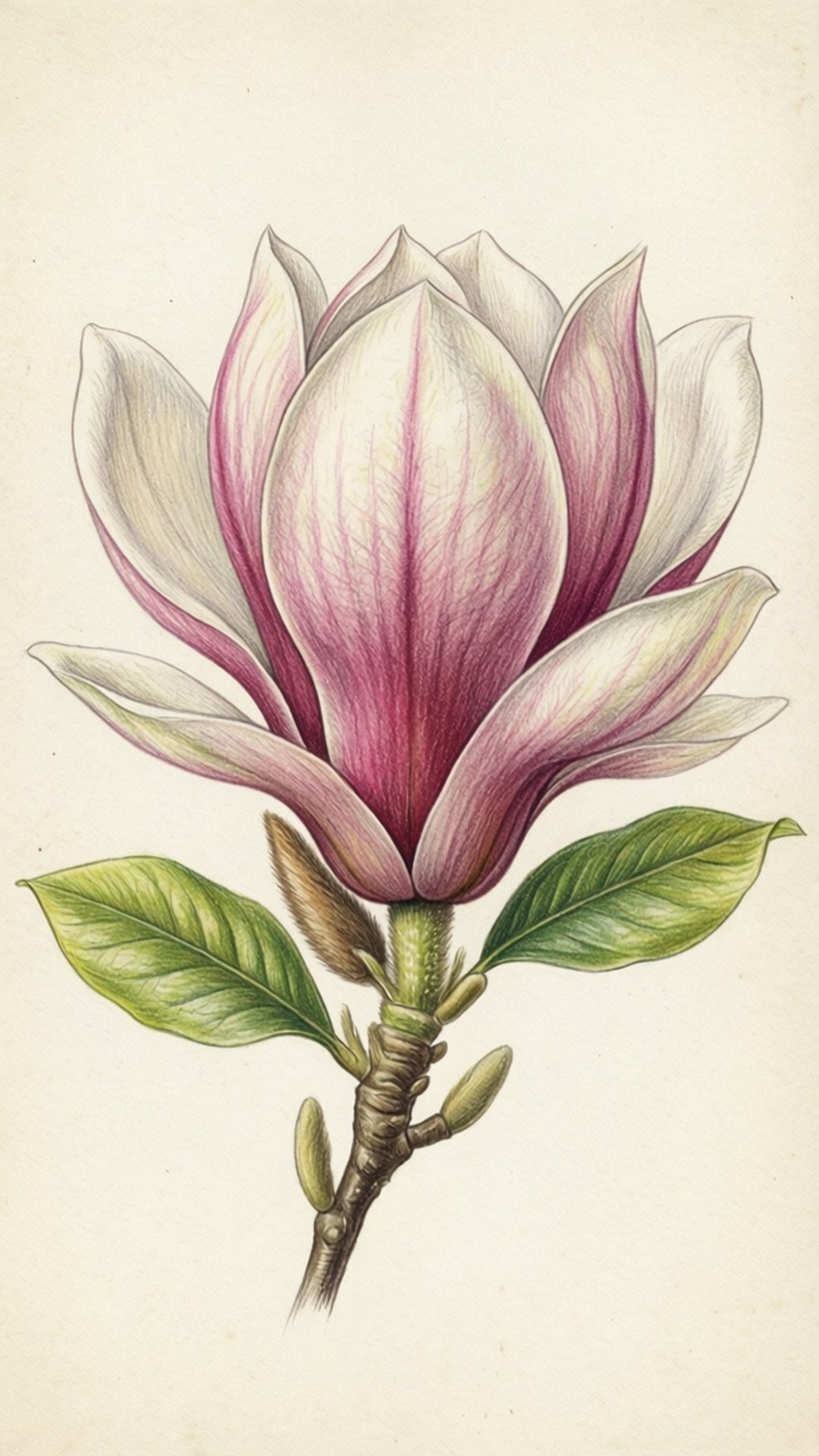 Botanical Magnolia 壁紙 — 米色背景上，一朵精緻的手繪木蘭花，帶有白色和粉紅色的花瓣及綠葉。