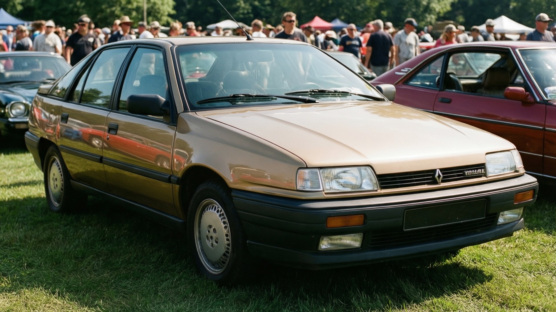 Classic Laguna 壁紙 — 一輛米色雷諾19轎車停在草地上，背景有車展人群和其他車輛。