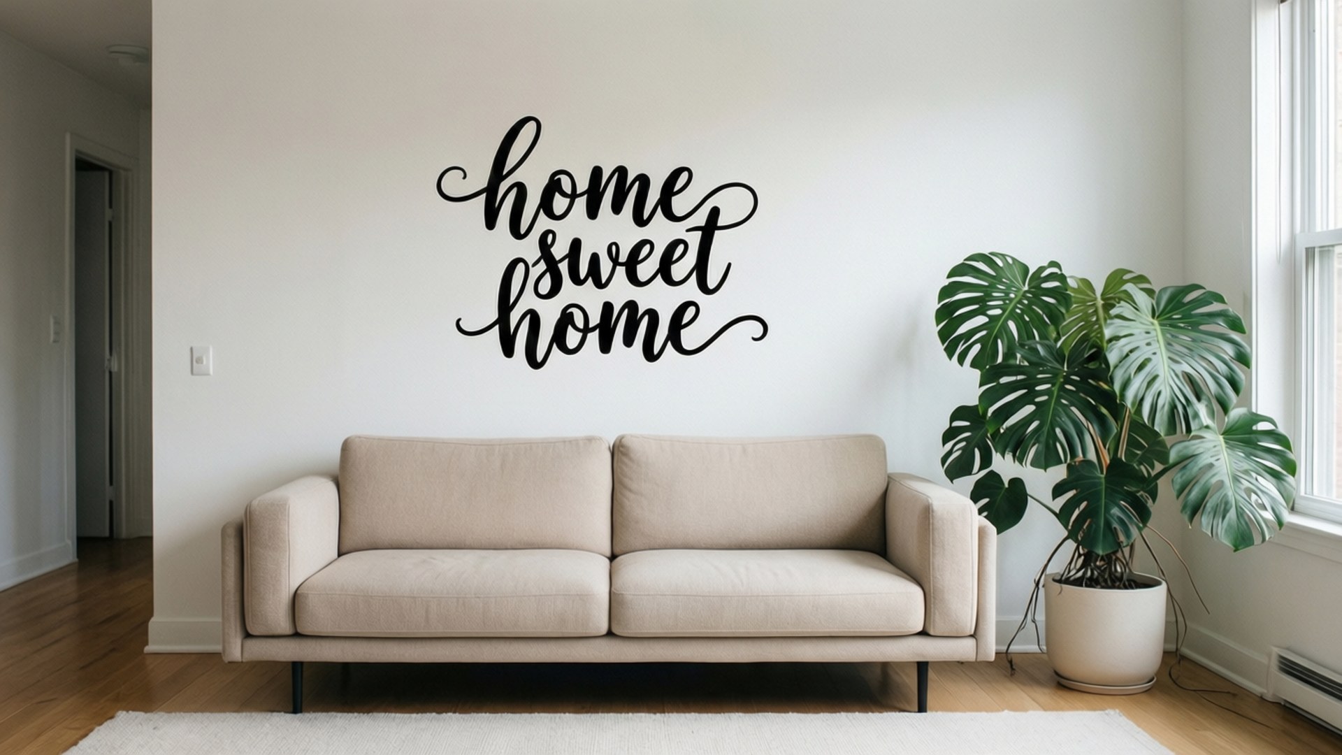 Minimalist Living Room 壁紙 — 一張米色沙發放在黑色草書 'home sweet home' 牆貼旁邊，旁邊有一棵大龜背芋，在自然光下。