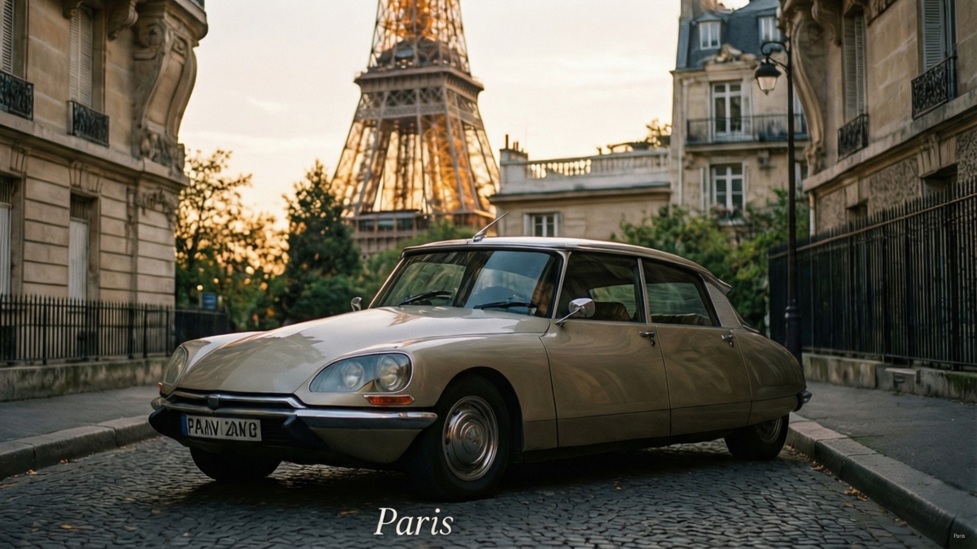 Parisian Dream DS 壁紙 — 一輛米色雪鐵龍DS vintage車停在鵝卵石街道上，背後艾菲爾鐵塔在金色夕陽中閃耀。