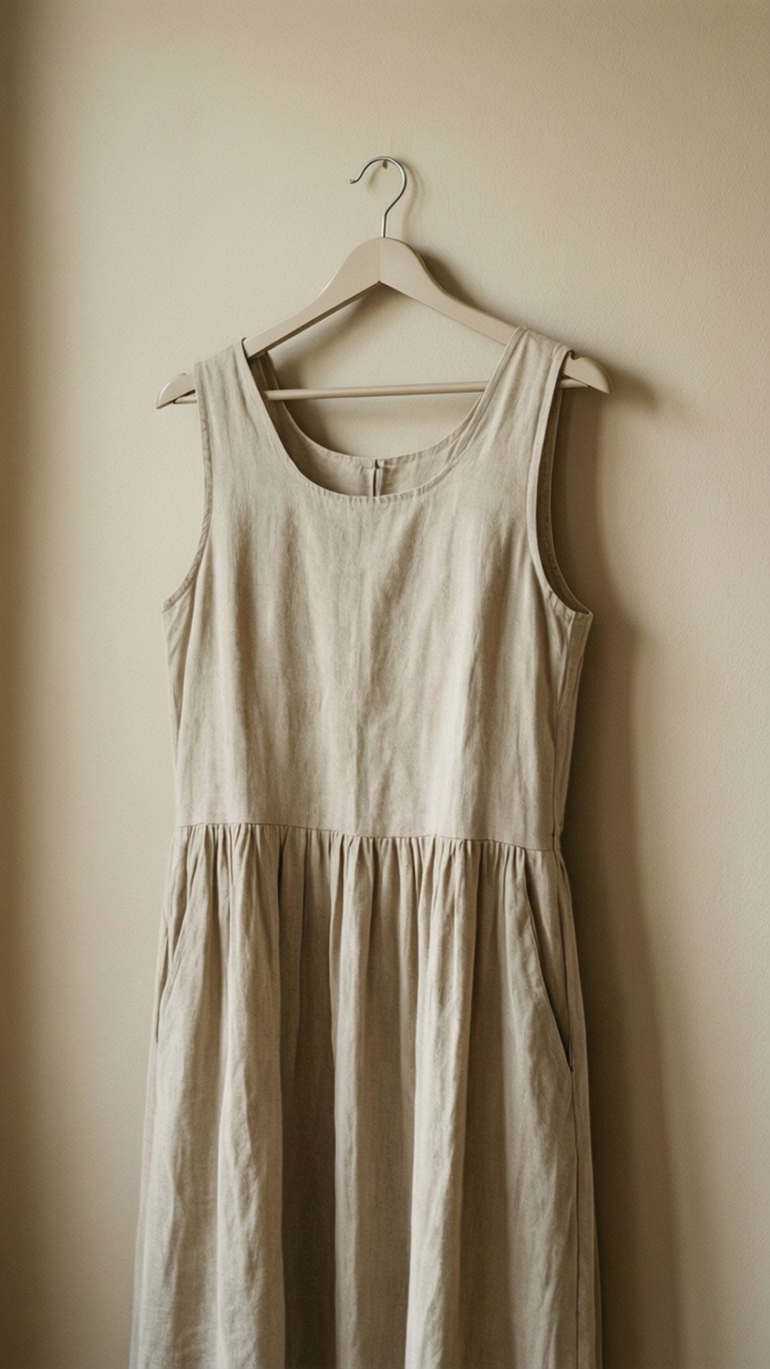 Beige Linen Dress 壁紙 — 一件米色亞麻無袖連衣裙掛在木衣架上，背景是柔和的米色牆壁，溫暖的自然光線中。