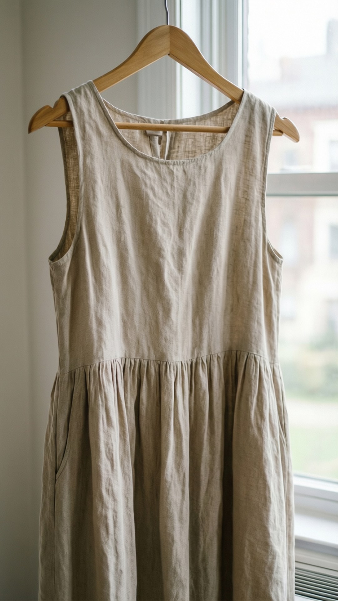 Beige Linen Dress 壁紙 — 一件米色亞麻無袖連衣裙掛在木衣架上，靠近明亮的窗戶，光線柔和自然。