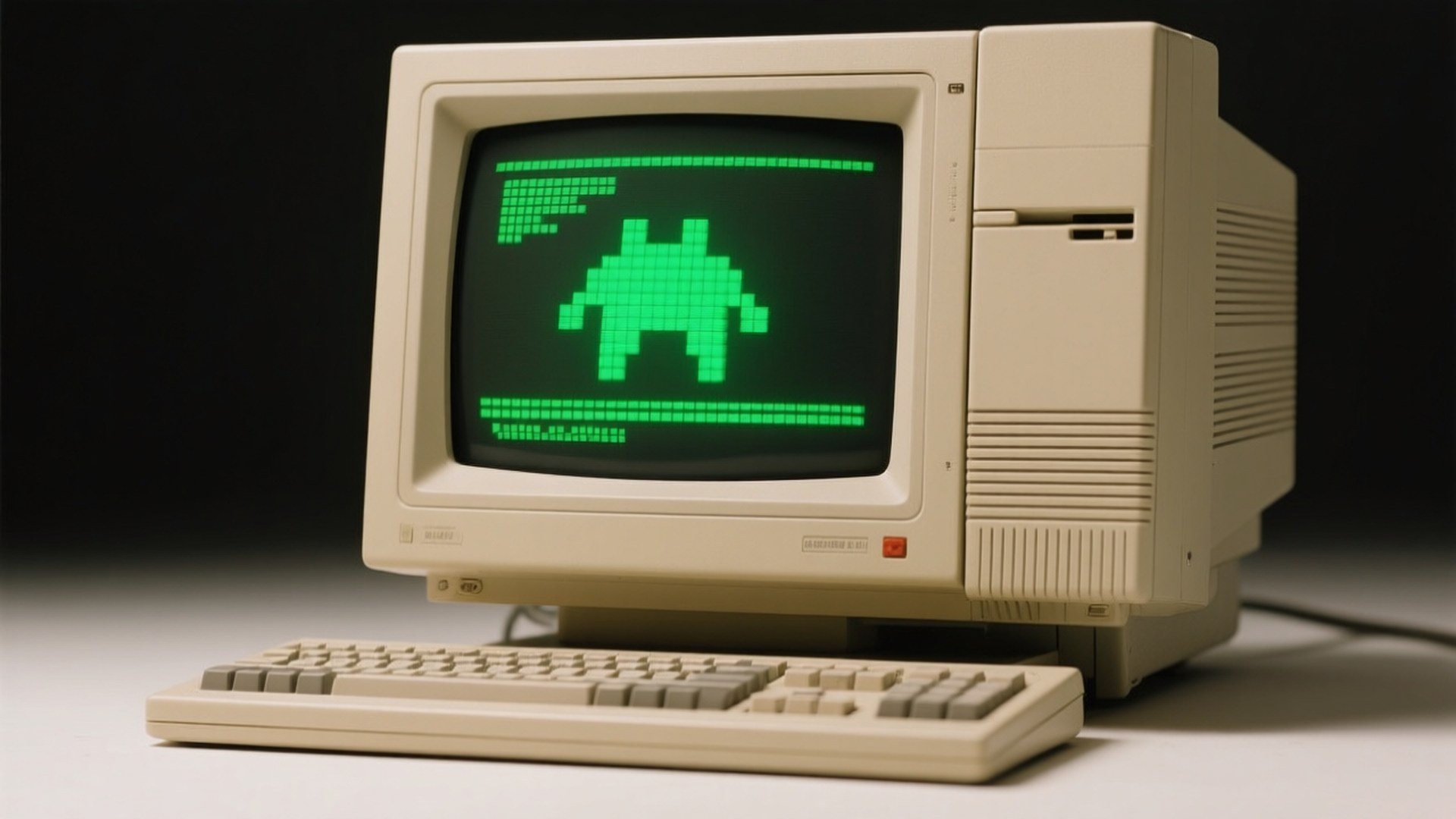 Retro CRT Computer 壁紙 — 一台米色復古電腦，其CRT螢幕上顯示著發光的綠色像素外星人遊戲。