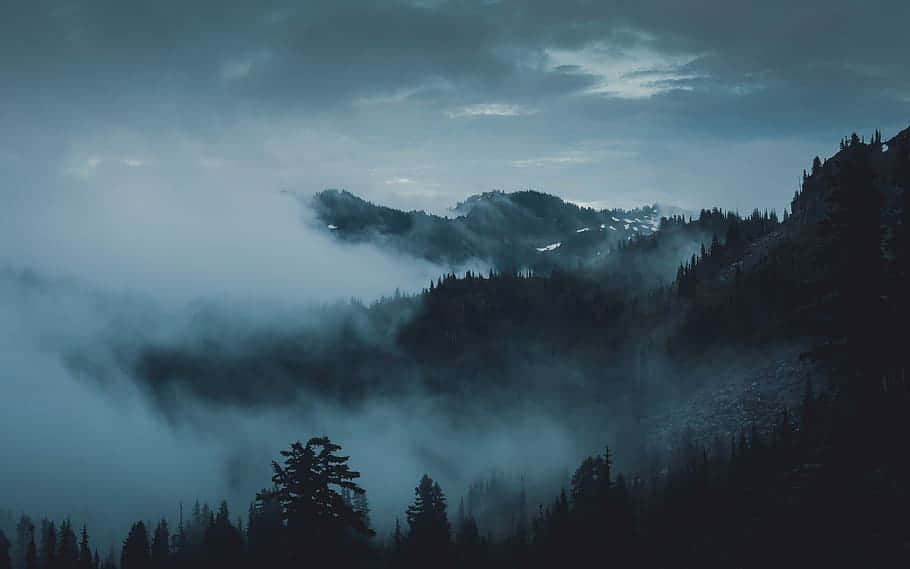  壁紙 — 迷霧山巒在陰沉灰暗的天空下，穿過旋轉的霧氣升起，下方是黑色的松樹剪影。