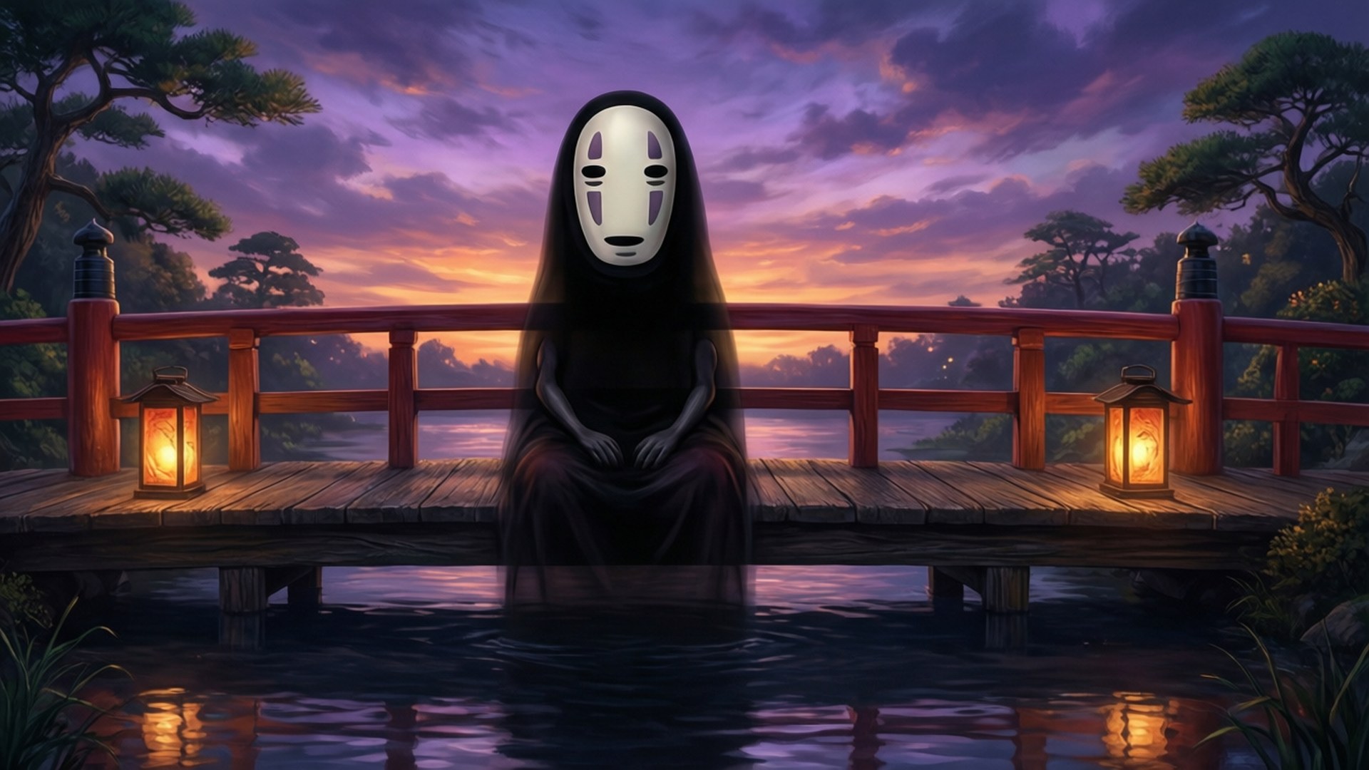 No Face 桌布 壁紙 — 一個沉默的蒙面人物坐在木橋上，在暮色中，燈籠在紫橙色天空下溫暖地發光。