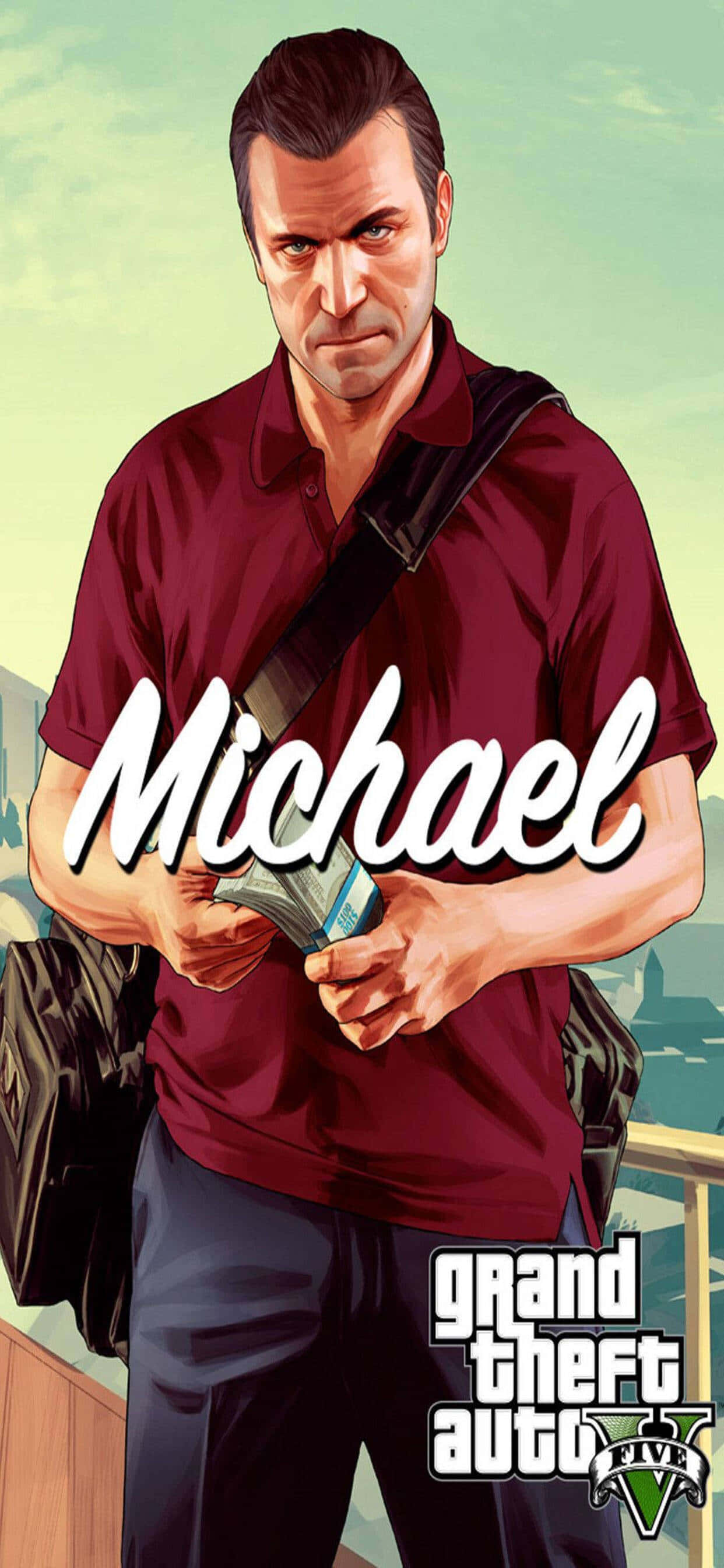 電玩遊戲 桌布 壁紙 — Michael De Santa 從《俠盜獵車手V》中，身穿栗色襯衫，手持現金，表情嚴肅，以城市為背景站立。
