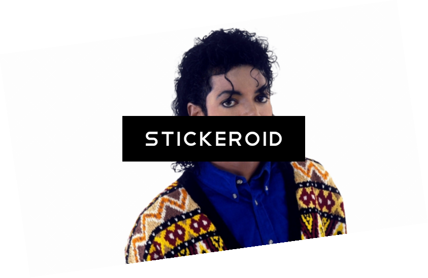 麥可·傑克森 桌布 壁紙 — Michael Jackson 穿著彩色圖案毛衣和藍色襯衫，黑色背景上有「STICKEROID」文字。