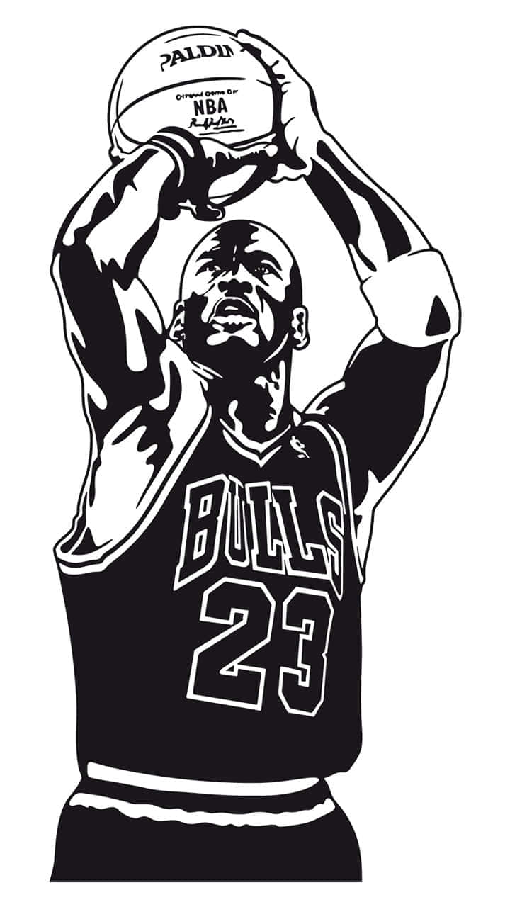 麥可喬丹身穿公牛隊球衣投籃的黑白插圖。 — Jordan Logo 壁紙