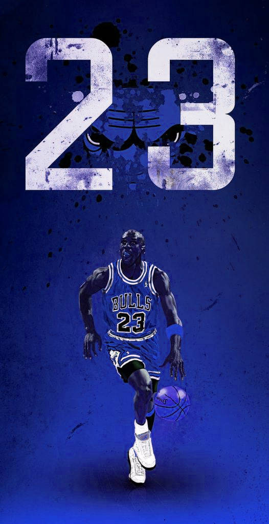 麥可喬丹身穿公牛隊球衣運球，上方有23號。 — NBA 壁紙