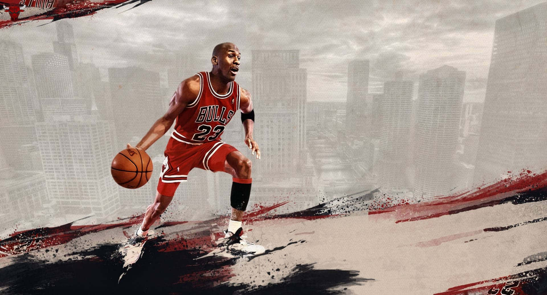 麥可喬丹身穿紅色公牛隊制服，在風格化的城市背景下運球。 — NBA 壁紙