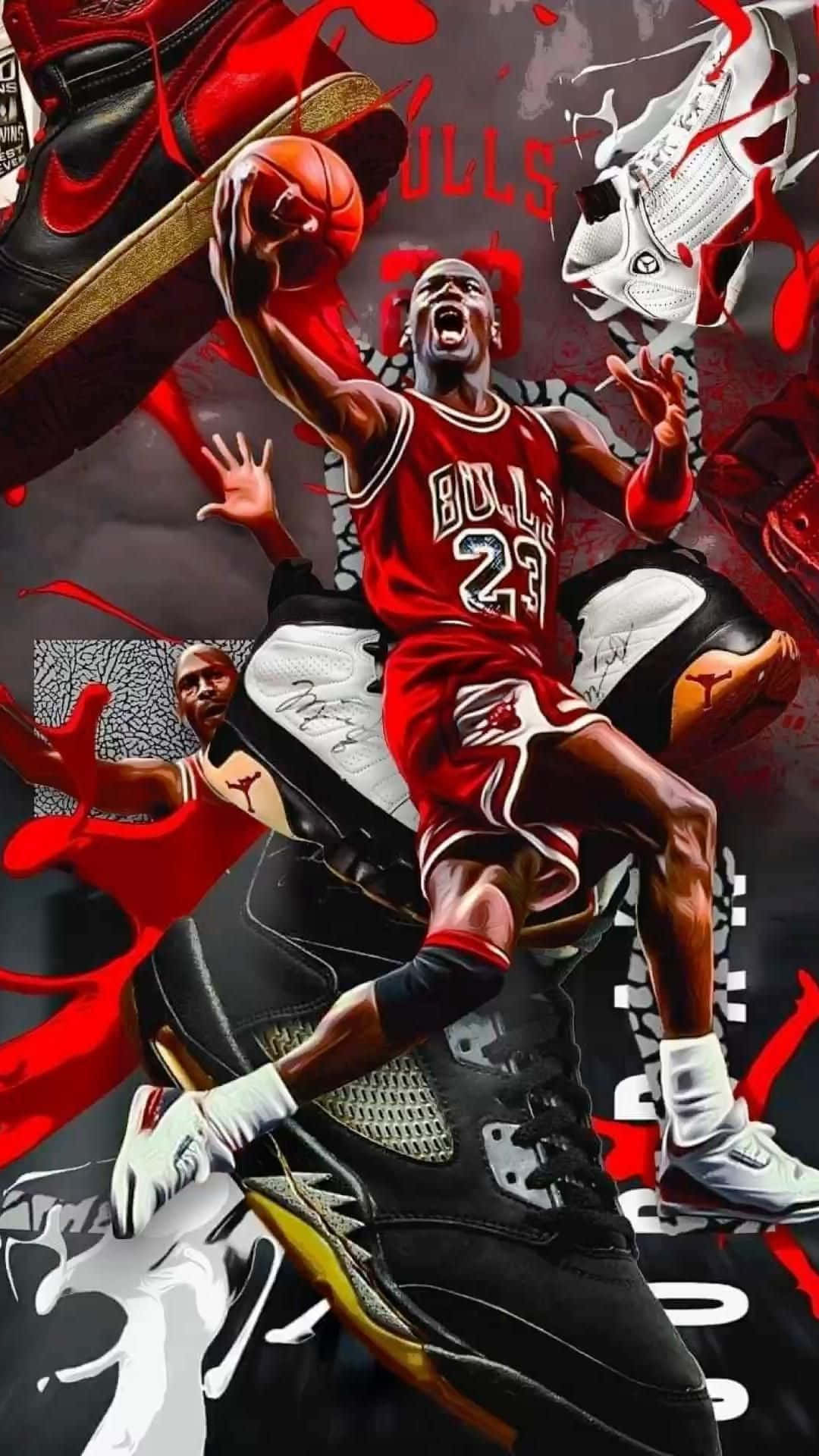 麥可喬丹在半空中灌籃，Air Jordan運動鞋在他周圍飛舞。 — 邁克爾·喬丹 壁紙