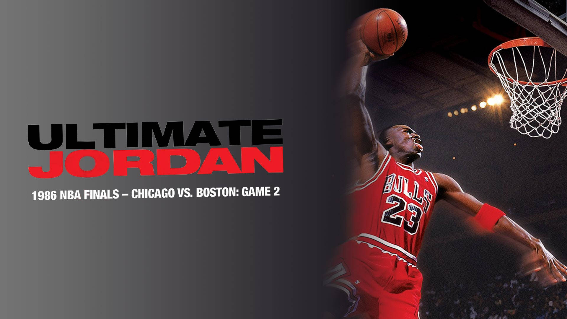 麥可喬丹在1986年NBA總決賽中穿著紅色公牛隊球衣空中灌籃。 — Jordan Logo 壁紙