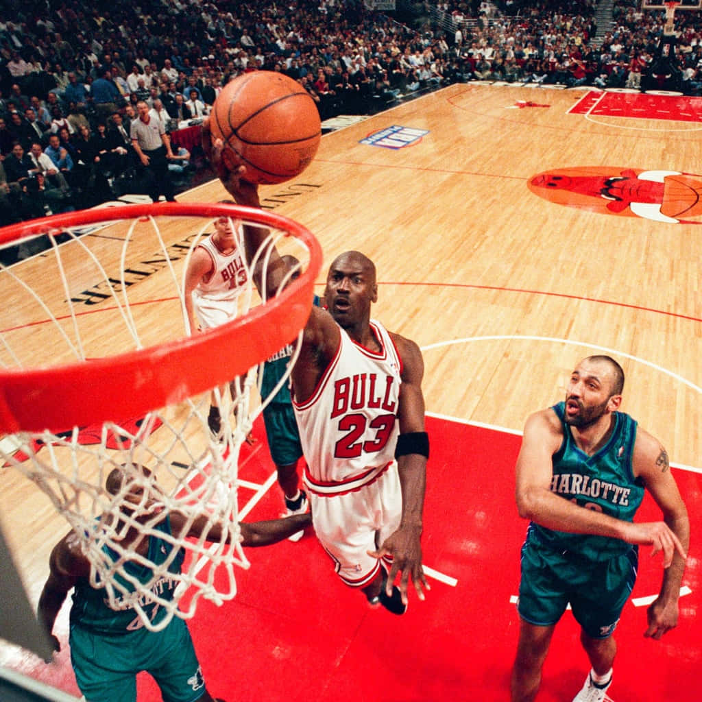 麥可喬丹在NBA比賽中空中灌籃，與夏洛特防守球員對抗。 — Jordan Logo 壁紙