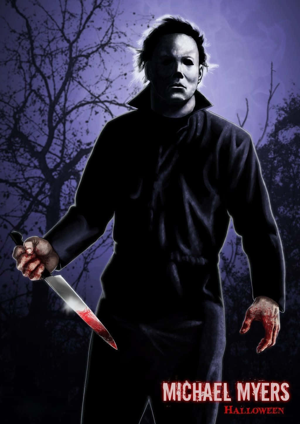 Mike Myers 桌布 壁紙 — Michael Myers 在深紫色的夜晚中，手持血淋淋的刀，對著光禿禿的樹木，威嚇地站立。