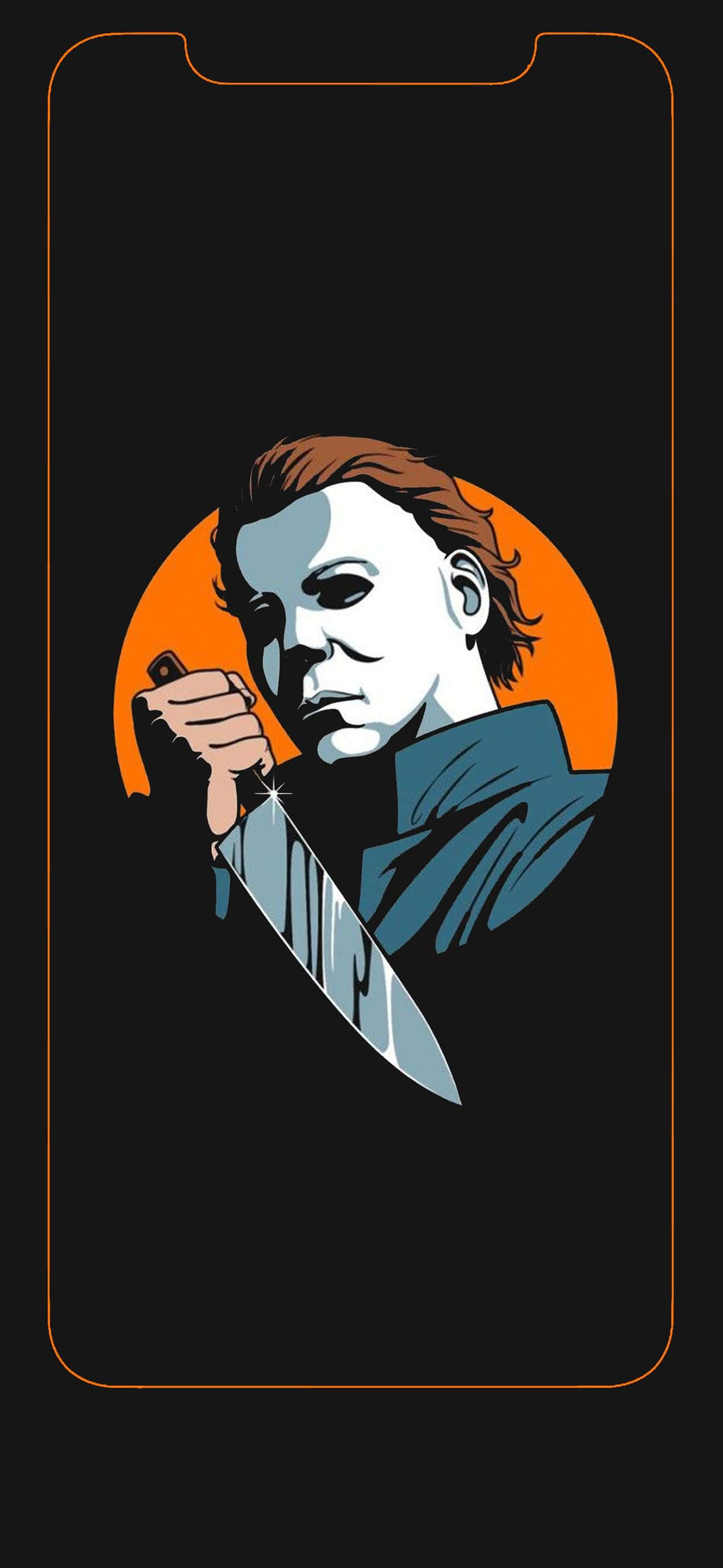 萬聖節動圖 桌布 壁紙 — Michael Myers 在風格化的圖形插圖中，手持閃閃發光的刀，背景是橙色太陽。