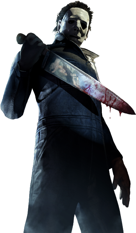Dead By Daylight 桌布 壁紙 — Michael Myers 戴著標誌性的白色面具和藍色連身工作服，在黑色背景前拿著一把沾血的刀。