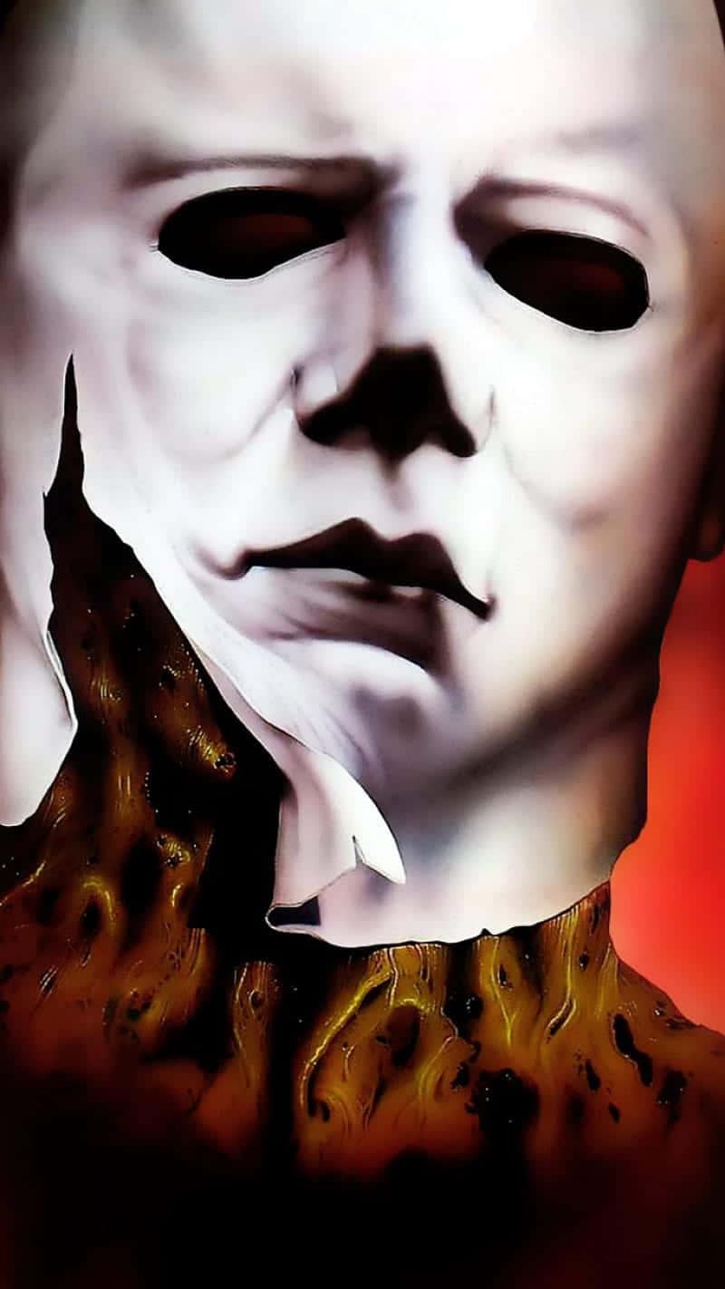 Entertainment 桌布 壁紙 — Michael Myers 標誌性白色面具的令人毛骨悚然的特寫，脖子撕裂處露出怪誕的肉體，背景是火紅色的。