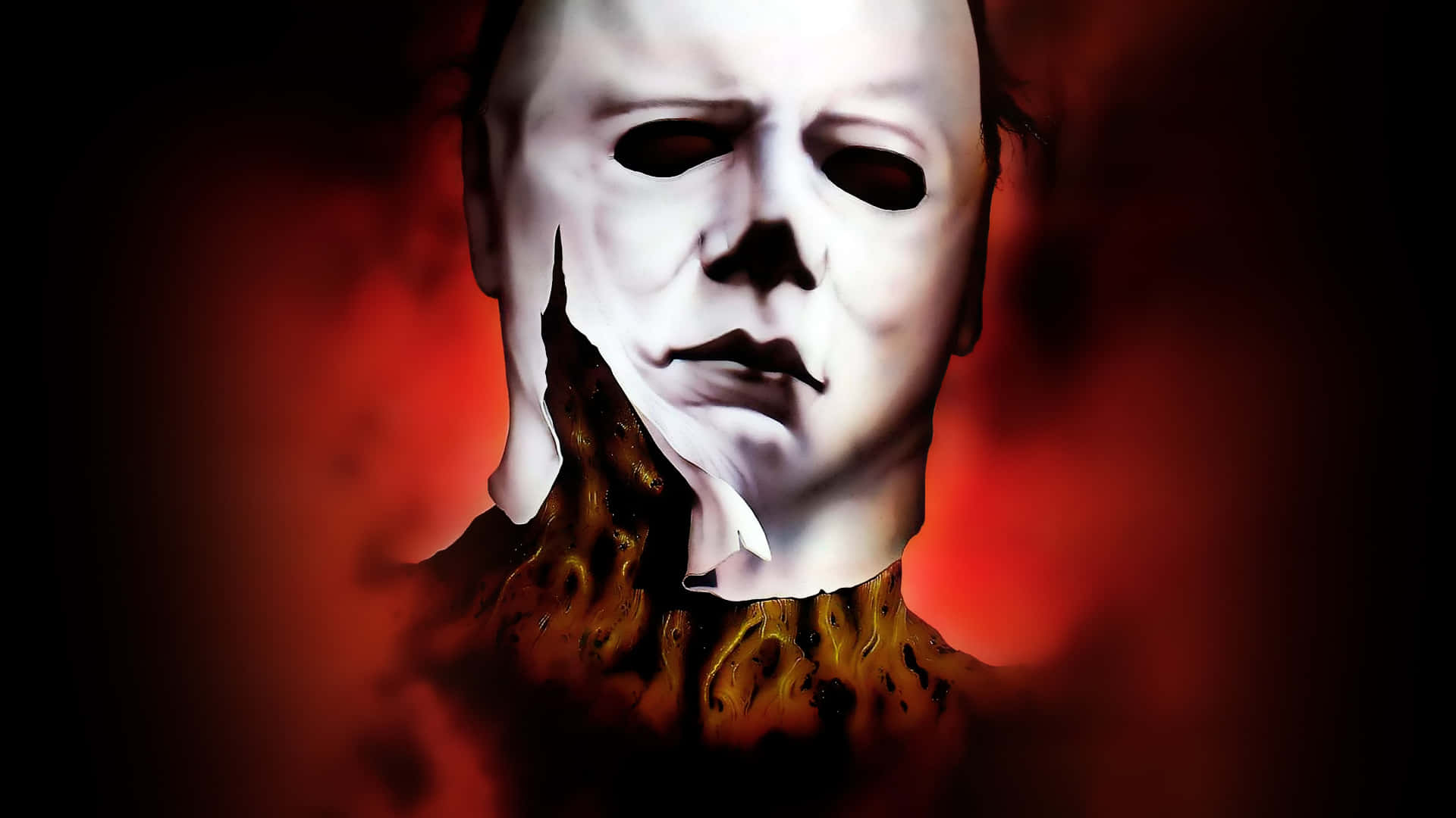 麥可·邁爾斯 桌布 壁紙 — Michael Myers 的恐怖特寫，戴著撕裂的白色面具，背景是火紅一片。
