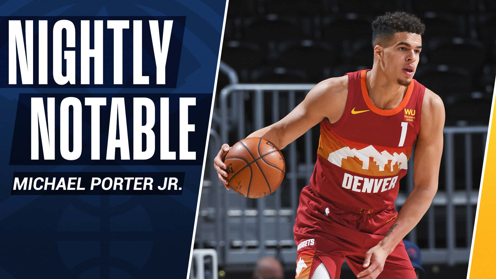 Michael Porter Jr. 身穿丹佛金塊球衣在夜間比賽中運球。 — Michael B Jordan 壁紙