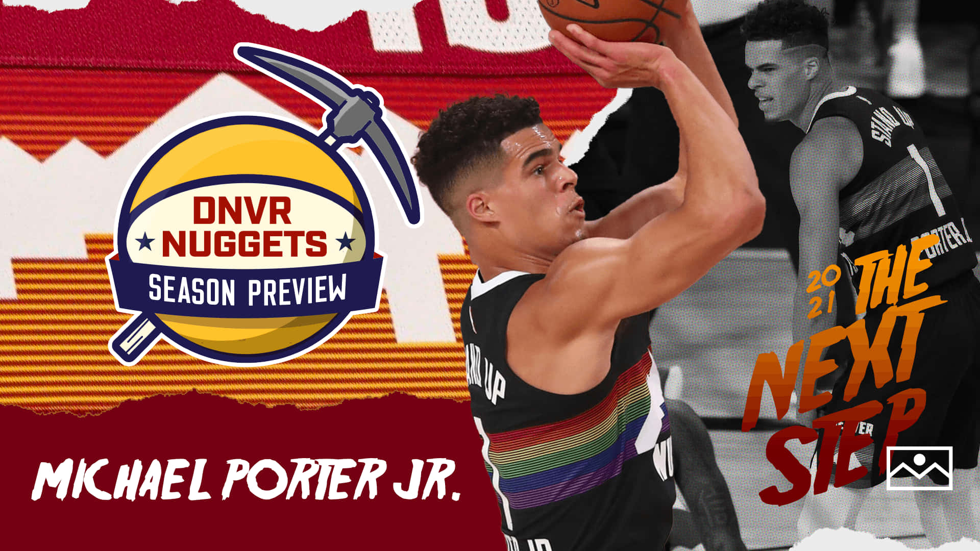 Michael Porter Jr. 在半空中準備投籃，帶有丹佛金塊品牌標誌。 — NBA 壁紙