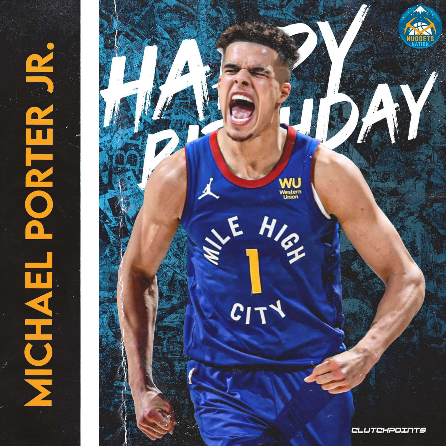 籃球 桌布 壁紙 — Michael Porter Jr. 身穿丹佛金塊隊球衣，在塗鴉風格的生日背景前咆哮。