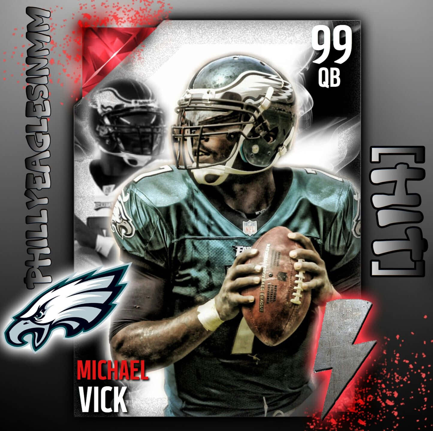 手機 桌布 壁紙 — Michael Vick 穿著費城老鷹隊制服，手持帶有 '99 QB' 和球隊標誌的橄欖球，採用風格化的運動卡設計。