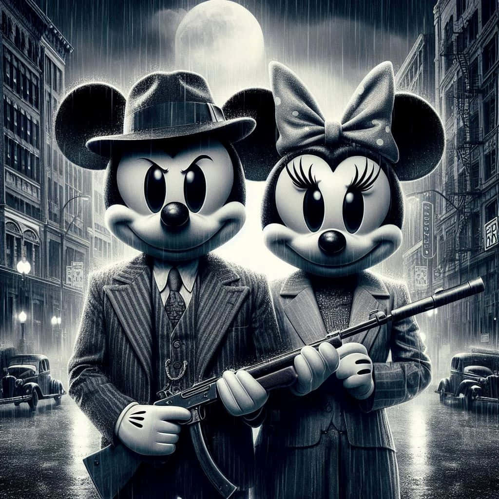  壁紙 — 米奇和米妮老鼠穿著風衣和軟呢帽，在滿月下站在下雨的黑色電影風格街道上，手持步槍。