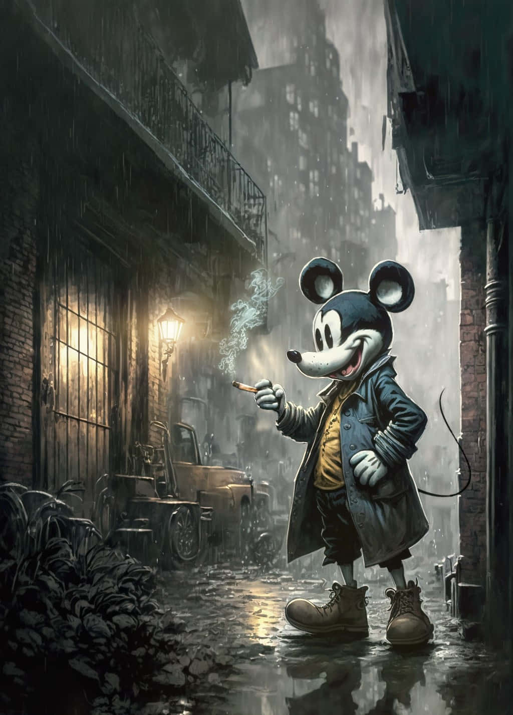  壁紙 — 米奇老鼠穿著 trench coat 在雨中的 noir 小巷街燈下抽煙。