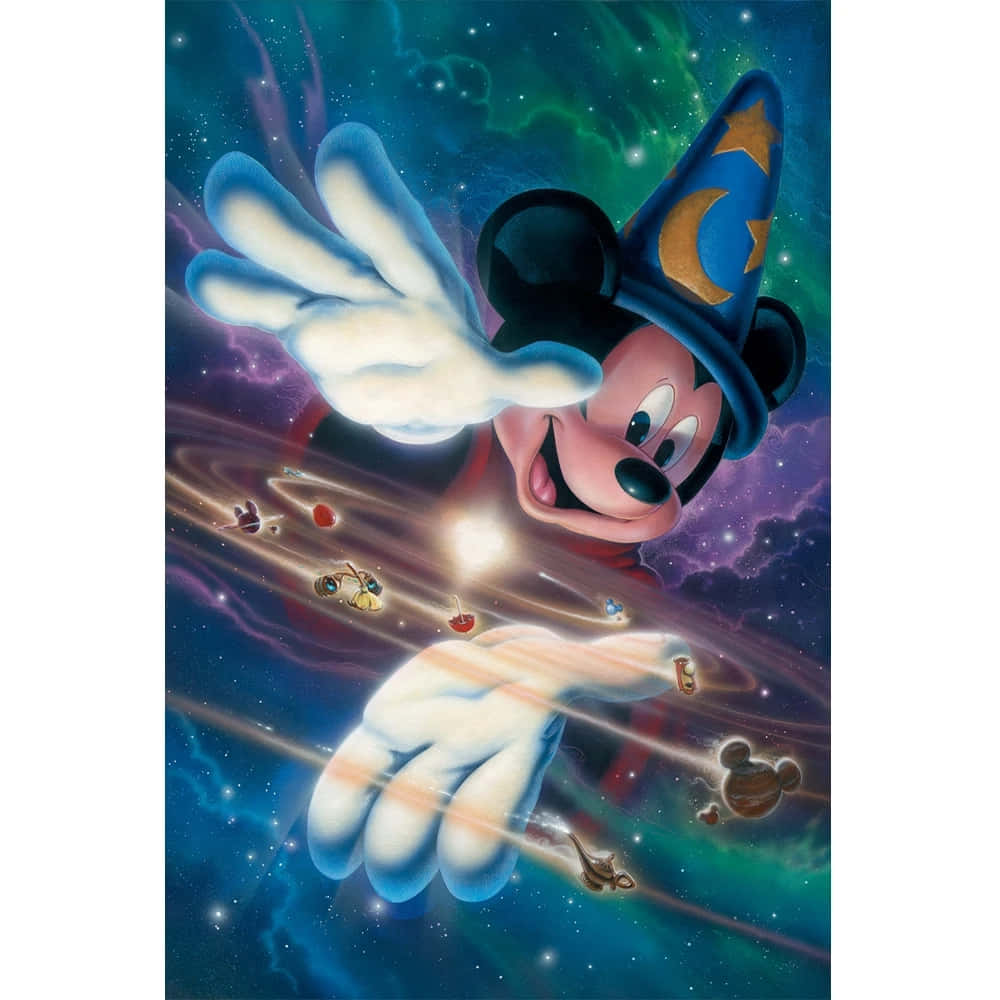  壁紙 — 米奇老鼠戴著巫師帽，在充滿漂浮行星和恆星的鮮豔宇宙星雲中愉快地揮手。